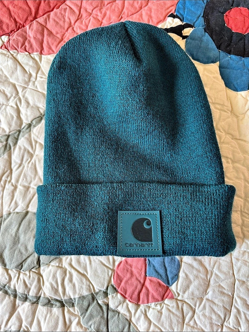 Carhartt spruce green beanie with matching leather logo patch
